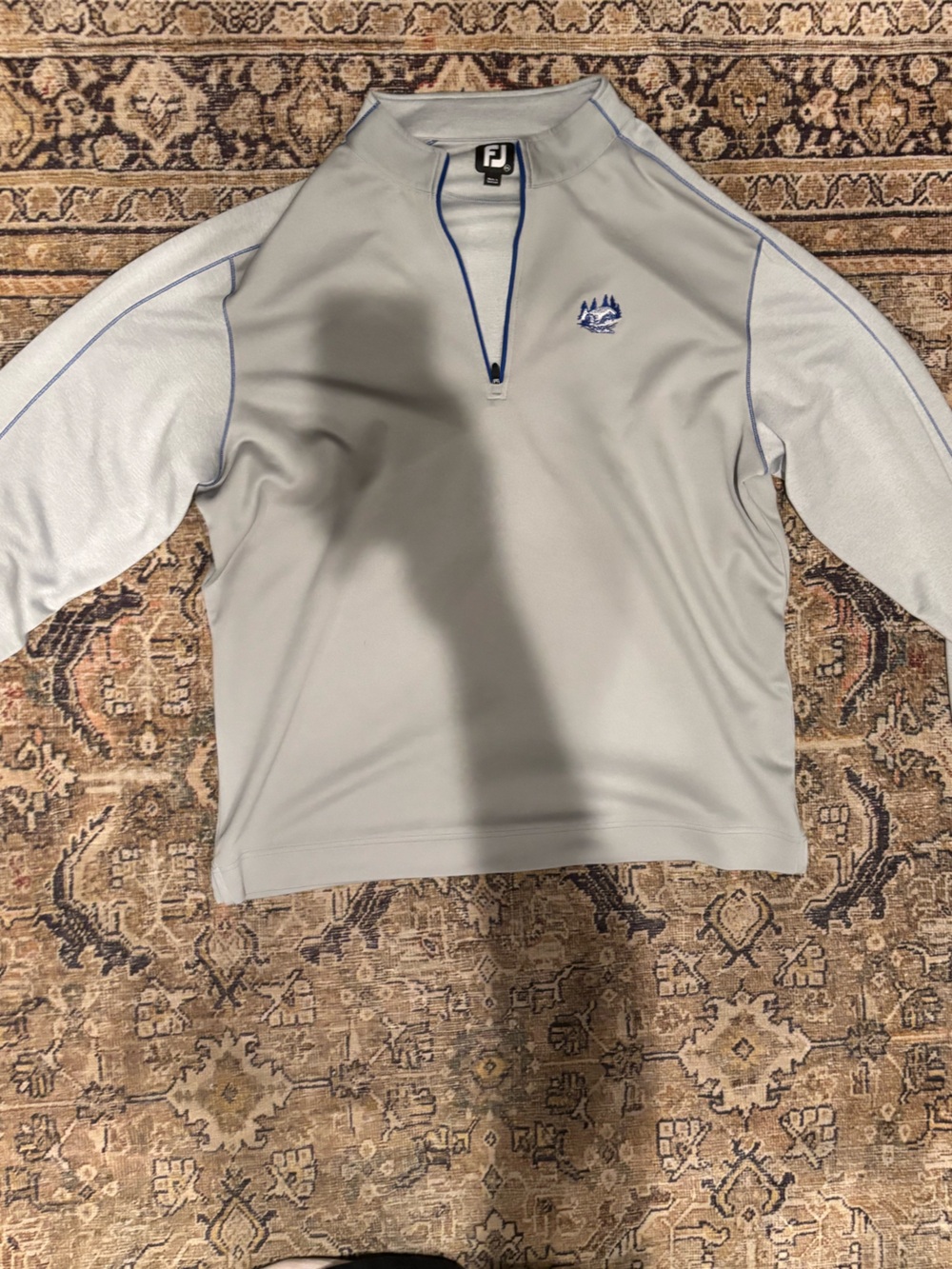 Men's Light Gray FootJoy Quarter-Zip Performance Pullover with Blue Trim